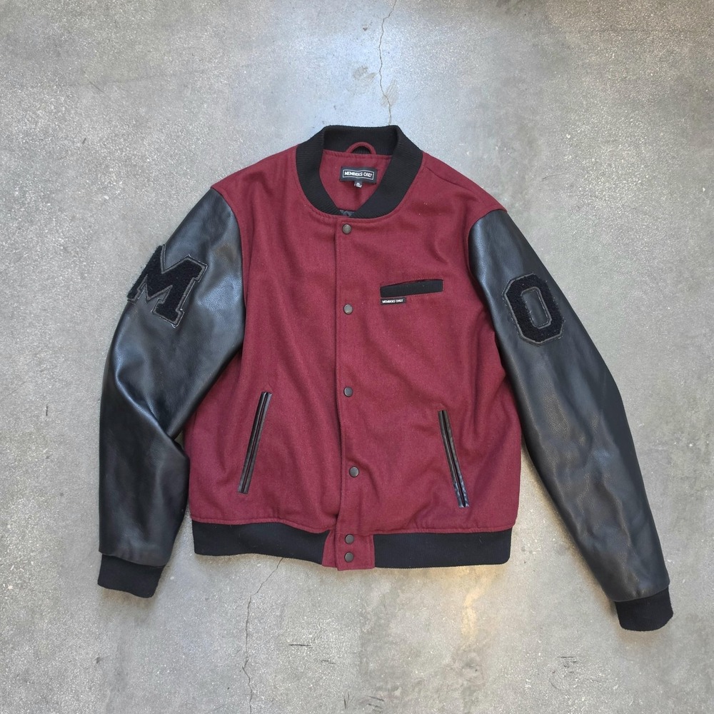 Members Only Jacket Mens XL Red Black Varsity Snap Faux Leather Sleeves MO Patch